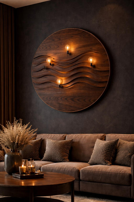 Wooden Wall Light | Hand Carved Sculptural Wood Wall Lamp | Statement Circular Wall Art Lighting