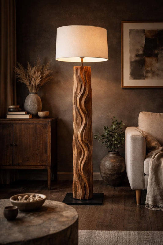 Sculptural Reclaimed Wood Floor Lamp | Hand Carved One-of-a-Kind Statement Light | Rustic Modern Standing Lamp