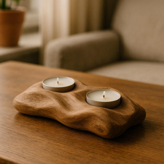 Hand Carved Wood Tealight Holder – Rustic 2 Candle Design